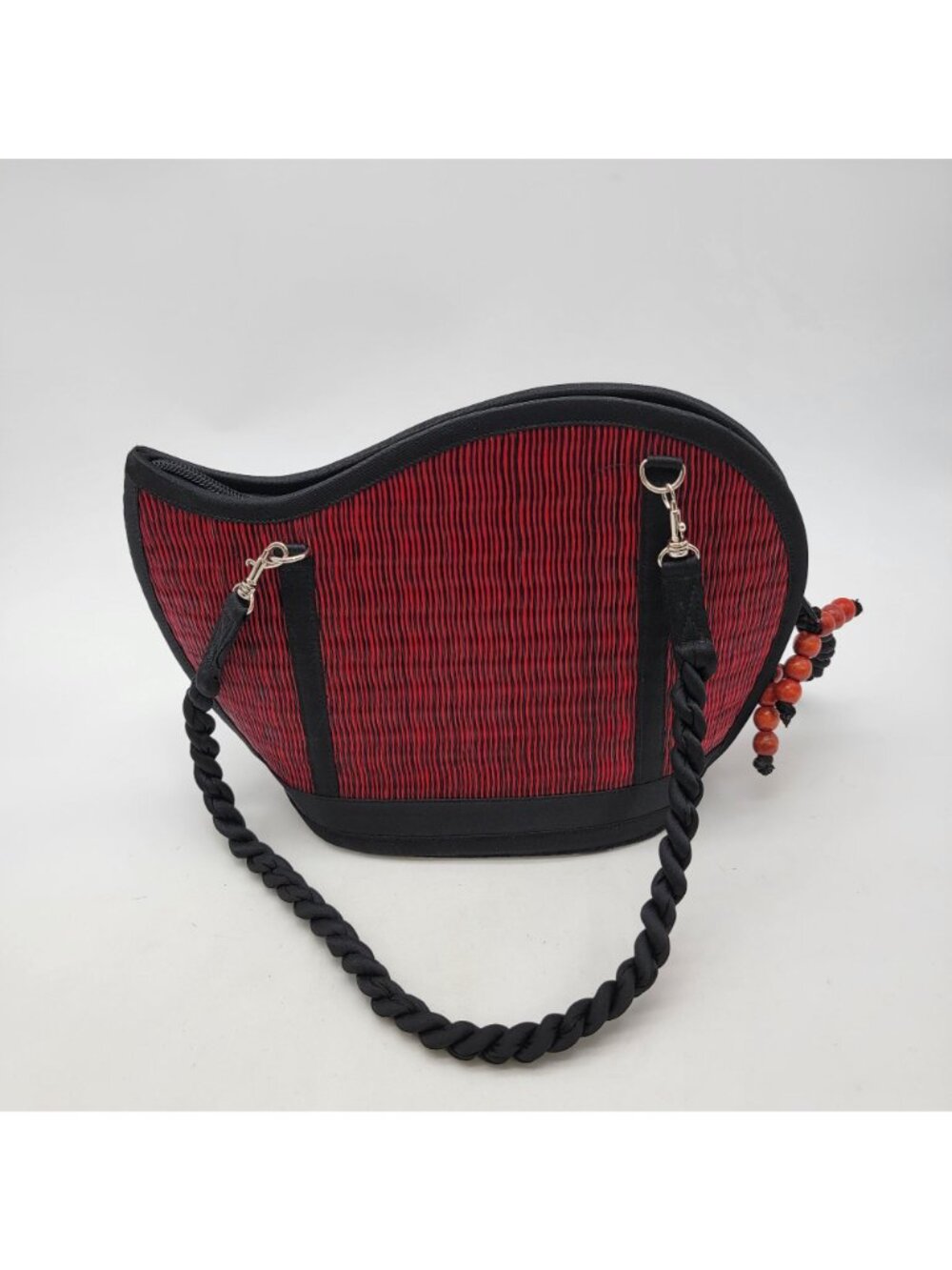 Saraye Kiri Wave Shoulder Bag Purse Crimson Red With Black Braided Strap & Bead - Picture 3 of 6